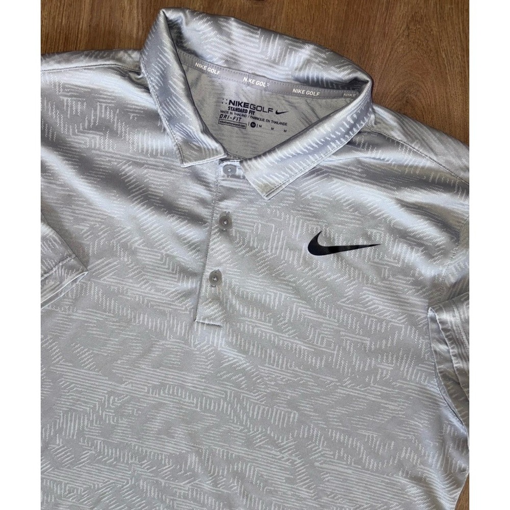 Nike Golf Mens Medium Polo Dri Fit Gray Jacquard Geometric Print Performance